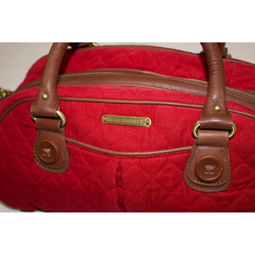 Vera Bradley Satchel Canyon Collection Women Red Quilted Corduroy Leather Trim